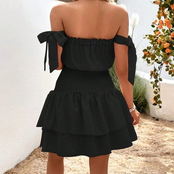 Black Boho Womens Off Shoulder Knot Side Ruffle Hem Dress - Picture 3 of 5